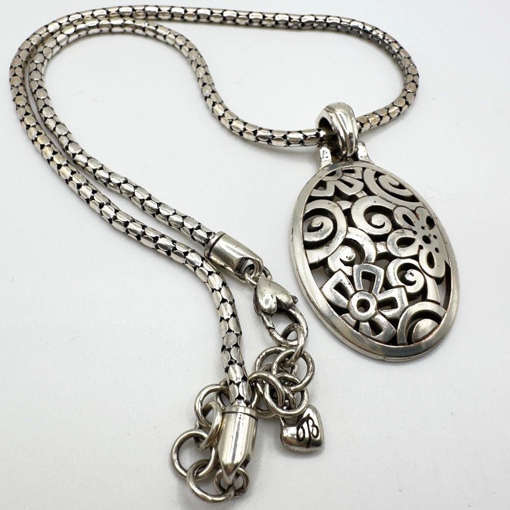 Brighton Amulet Necklace Large Floral Scroll Pendant Adjustable 18" Snake Chain